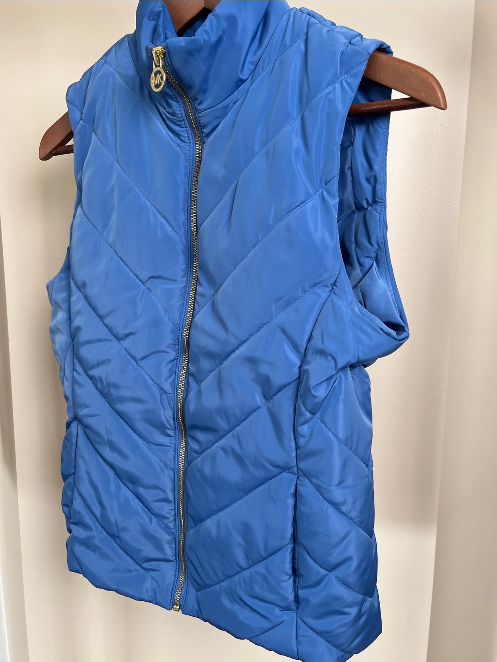 Michael Kors Bright Blue Quilted Puffer Vest with Gold MK Zip